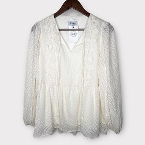 Polagram Cream Long Sleeve Embroidered Flowy Chiffon Textured Blouse